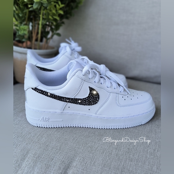 Bling Nike Air Force 1 Low Sneakers Customized with Black Swarovski Crystals - Picture 2 of 9
